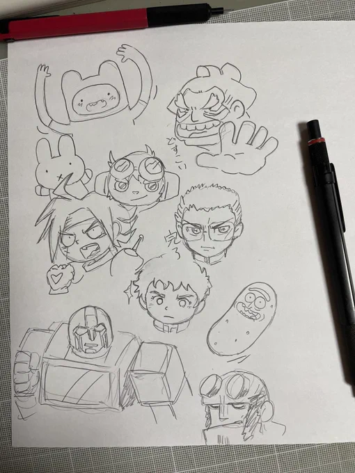 アドベンチャータイムのフィンとミッフィーと本田さんとジロンアモスとドモンカッシュと葉隠覚悟とアムロレイとアイアンハイドとヘルボーイとピクルスになったリック。10にん 