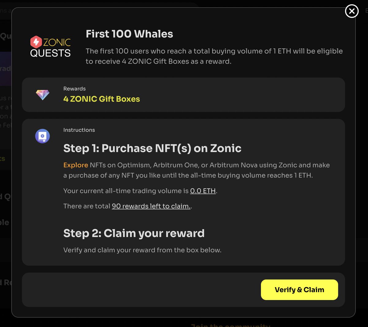 A special quest has been launched to celebrate the official launch of the #Zonic NFT Marketplace for L2!

The first 100 accounts with an all-time trading volume of 1 ETH will receive 4 Gift Boxes as a reward!

10 rewards have already been claimed. There are 90 rewards remaining.