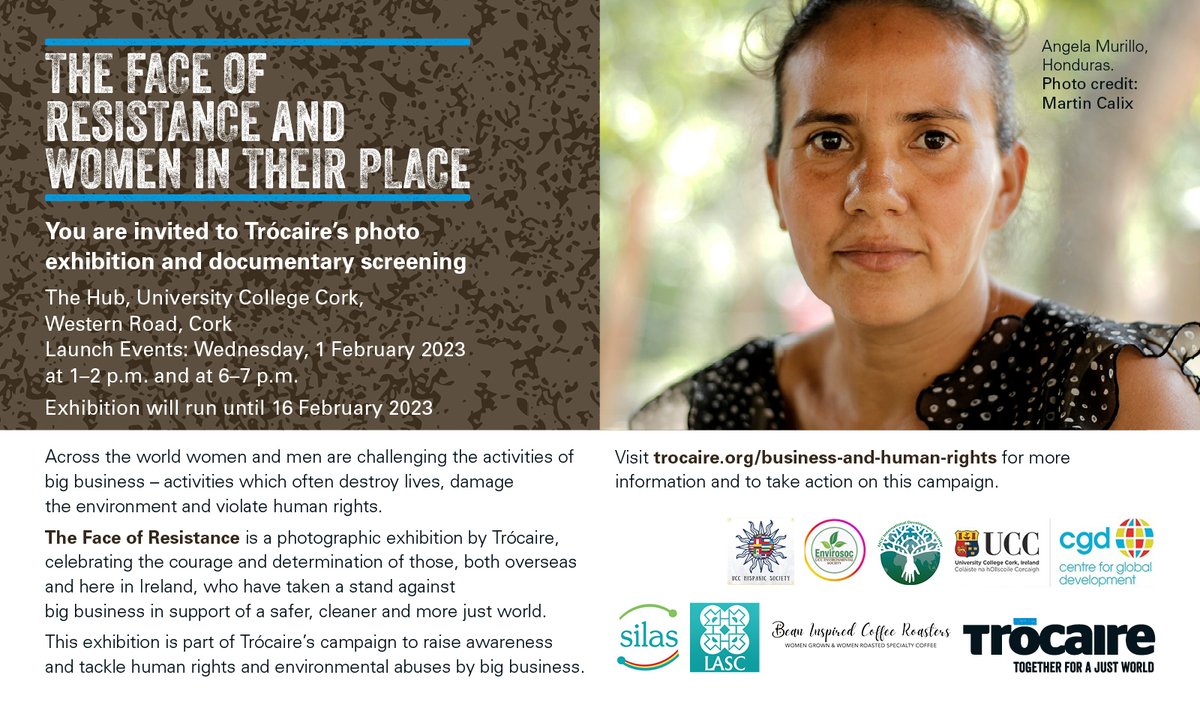 There is still time to join us in celebrating the launch of Trócaire's powerful photographic exhibition 'The Face of Resistance and Women in their Place'
See portraits of brave activists fighting for human rights and the environment. #HumanRights #Environment #UCC