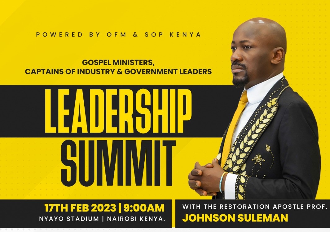 Victory 2023 - NAIROBI, KENYA🇰🇪 Conference Is Next!✈️🛬

With The Restoration Apostle, Prof. Johnson Suleman

🗓️15th - 17th February, 2023 || 🕑9am &amp; 3pm Daily
@ NYAYO STADIUM, Nairobi - Kenya 

For More Information: Call 0794440050, 0711999146, +25372203744