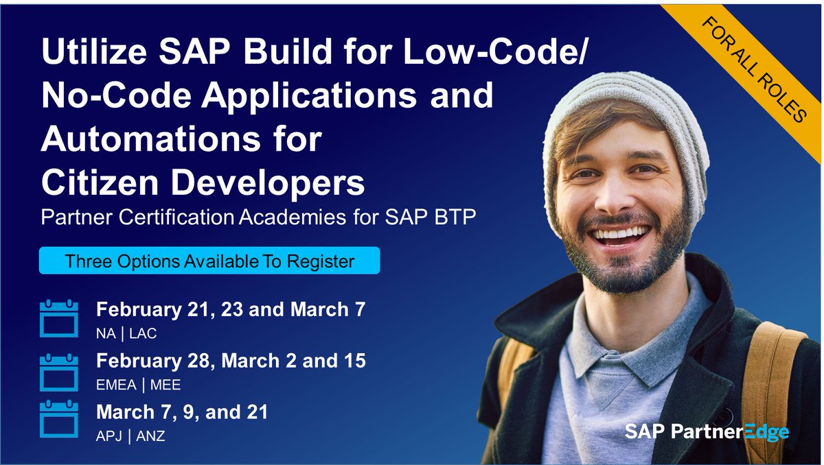 Hurry! The #SAPPartner Certification Academy to learn about, and get certified for, Low-Code/No-Code Applications & Automations is coming up! Gain an overview of the SAP Build portfolio key features & tools to make use in future #SAPBTP projects. Register: imsap.co/60113mgO9