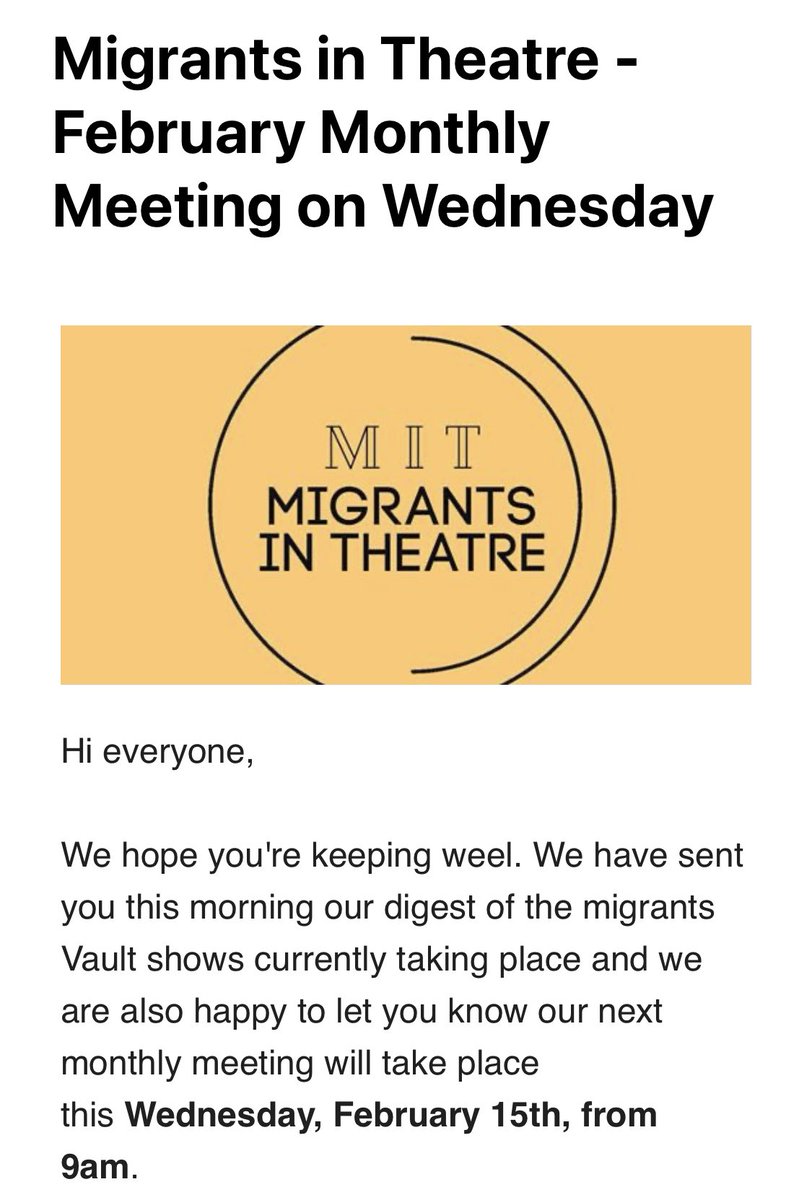 Our monthly zoom meetings open to ALL migrant theatre makers are back! The next one will be this Wednesday 9am, link in our newsletter We’ll be talking VAULT, engagment with venues, and an EVENT we will be holding at VAULT! If you don’t receive our newsletter pls email us!