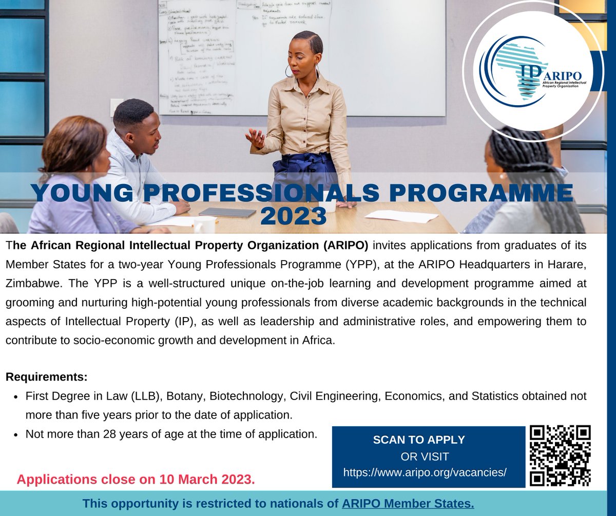 @_ARIPO invites applications from graduates of its Member States for a two-year Young Professionals Programme (YPP), at the ARIPO Headquarters in Harare. Click on the link to download more details aripo.org/opportunities/… #IP #YoungProfessionals #ARIPO