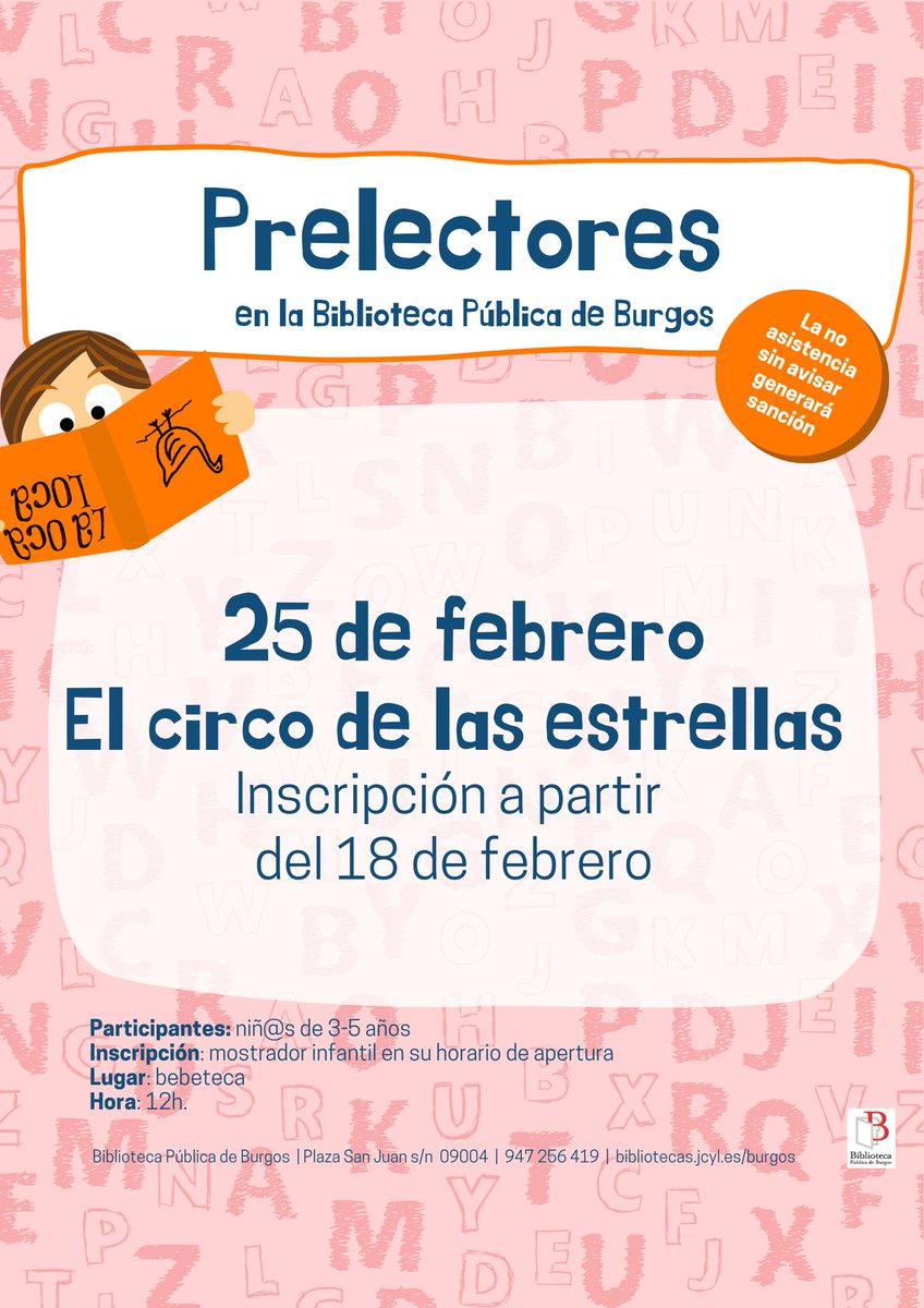 biblioburgos's tweet photo. Luces fuera, arriba el telón...que comience la función.
Ven a la #BibliotecaPúblicaBurgos al cuentacuentos-taller “EL CIRCO DE LAS ESTRELLAS”… y descubre un mundo de fantasía e ilusión.
Inscripción: desde 18 de febrero. Zona infantil
3-5 años
#Prelectores https://t.co/rK5UksuKl0