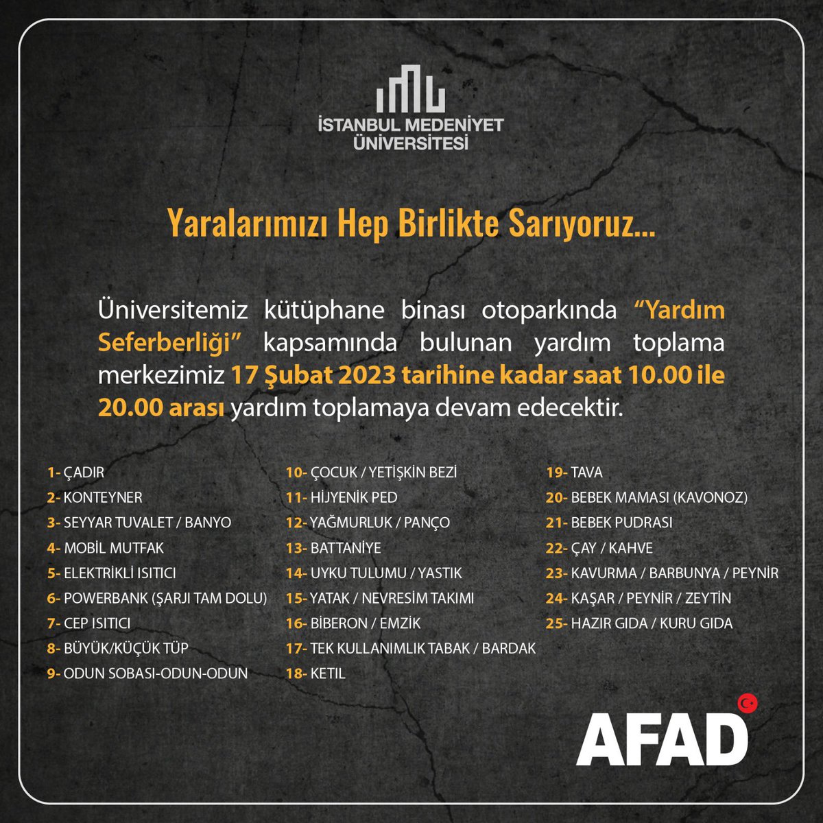 Depremzede vatandaşlarımız için başta çadır, ısıtıcı, battaniye olmak üzere temel ihtiyaç malzemesi yardımlarınızı bekliyoruz.

Deprem bölgesinin bize ihtiyacı var. Siz de destek olmak için yardımlarınızı kütüphane binamıza getirebilirsiniz.