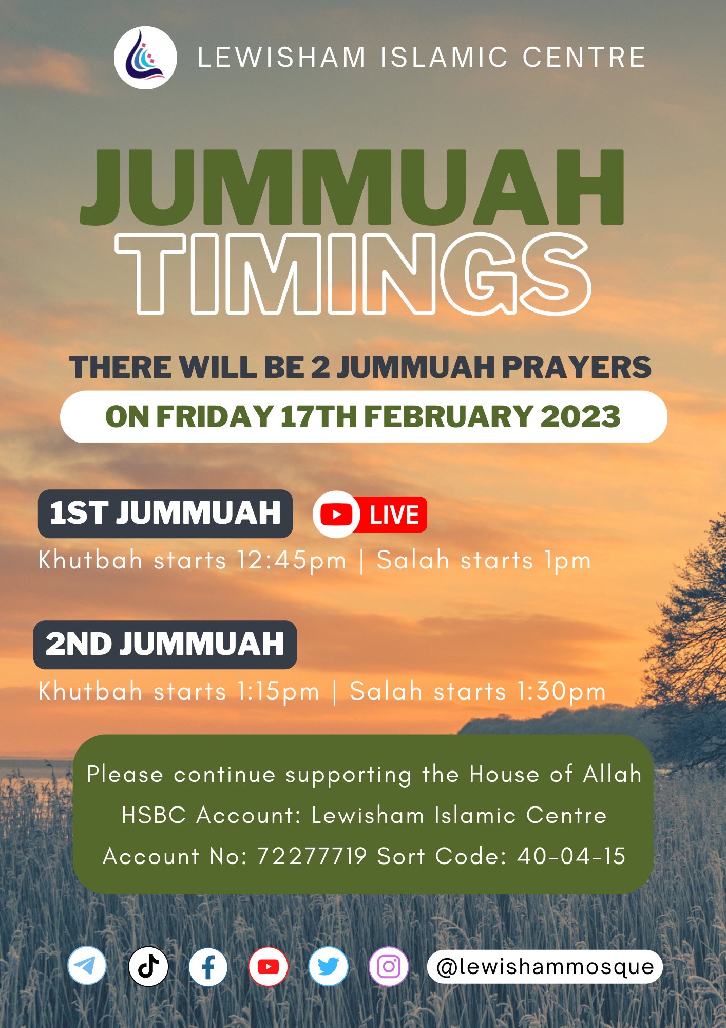 Lewisham Mosque on Twitter "LIC HalfTerm Jummuah Timings 📅 There will