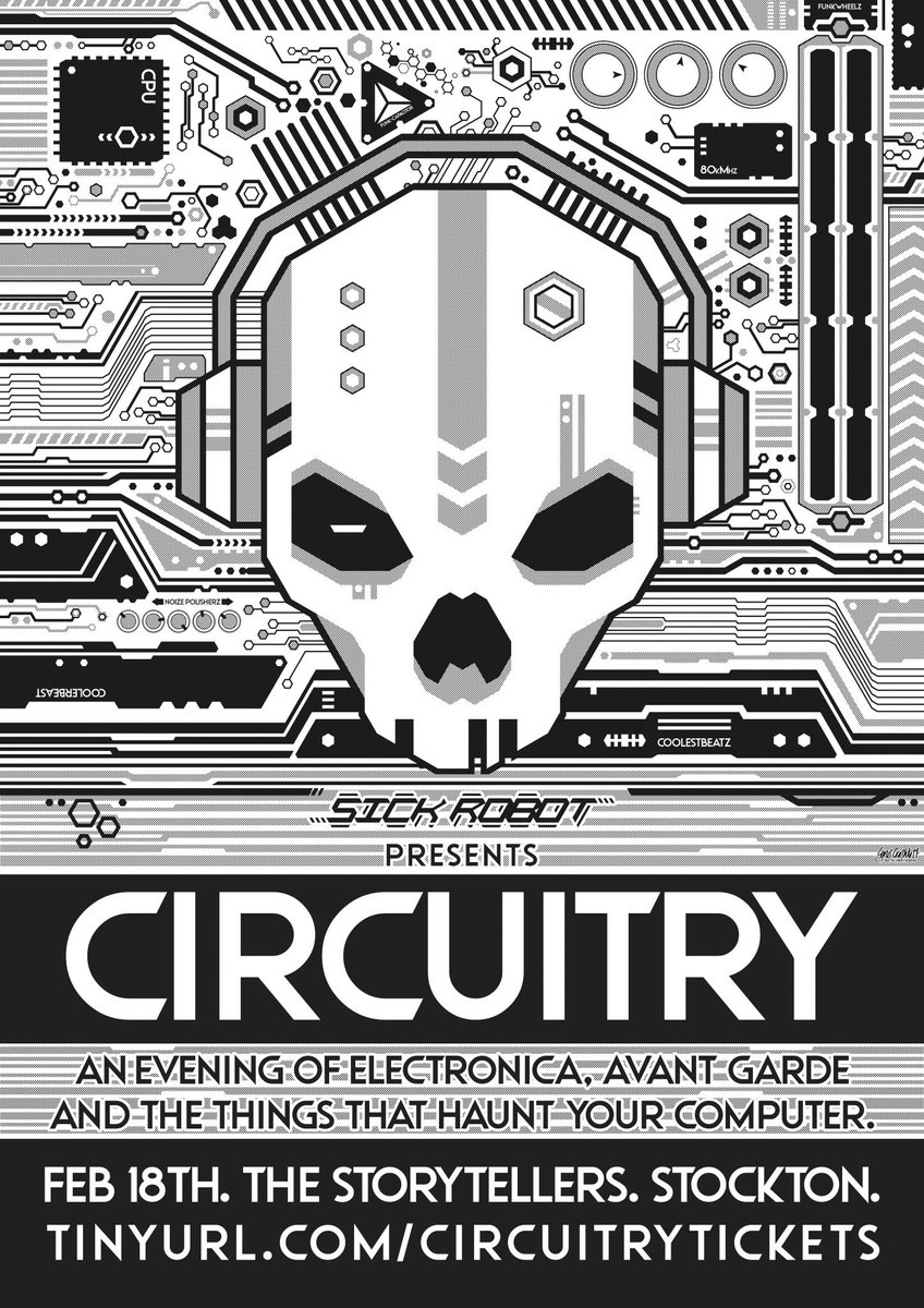 This is shaping up to be a pretty fine evening of cinematic electronica and thing’s which will haunt your soul…..

Sick Robot live 
18th Feb @ Storytellers
Audio link

sickrobot1980.bandcamp.com/album/a-field-…

Event link
eventbrite.co.uk/e/circuitry-an…