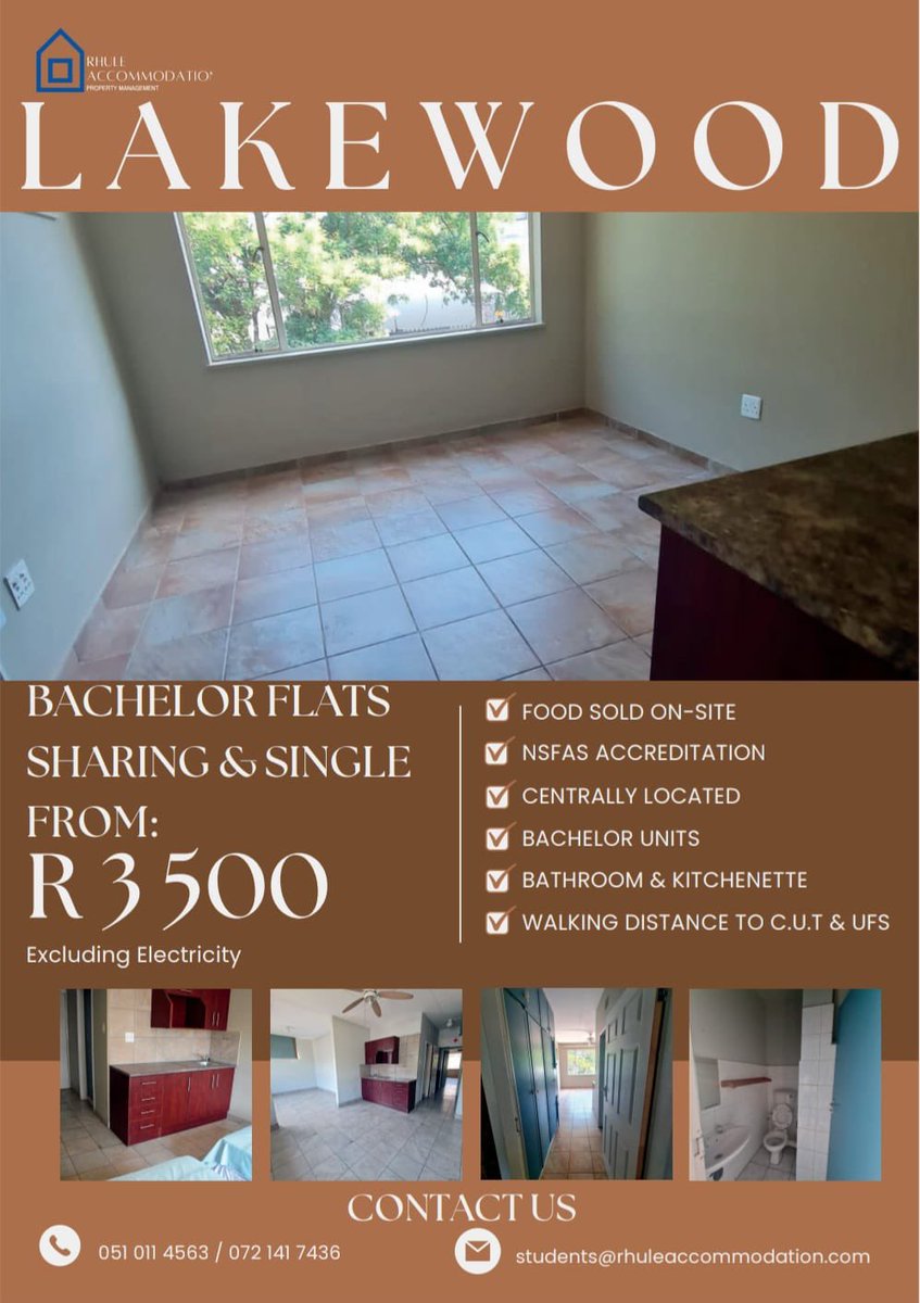 Office: 051 011 4563 Whatsapp: 072 141 7436 Email: students@rhuleaccommodation.com