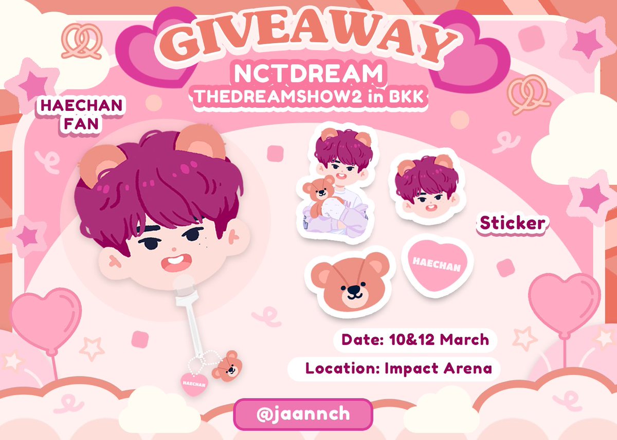 𓇼𓂃pls kindly rt 
giveaway haechan 🐻

☆ haechan hand fan 
☆ sticker 

♡̷ rt &amp; show this tweet 
date : 10 &amp; 12 mar 2023
time : tba
location : impact arena 

#NCTDREAM_THEDREAMSHOW2_in_BKK