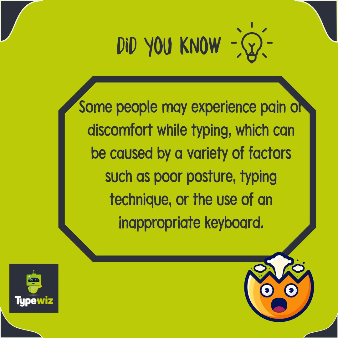 typewiz's tweet image. People may experience pain or discomfort while typing due to poor posture, typing technique, or an inappropriate keyboard. It&apos;s important to take breaks and pay attention to your body to avoid these problems. 
#typingtips #typingtricks #didyouknow