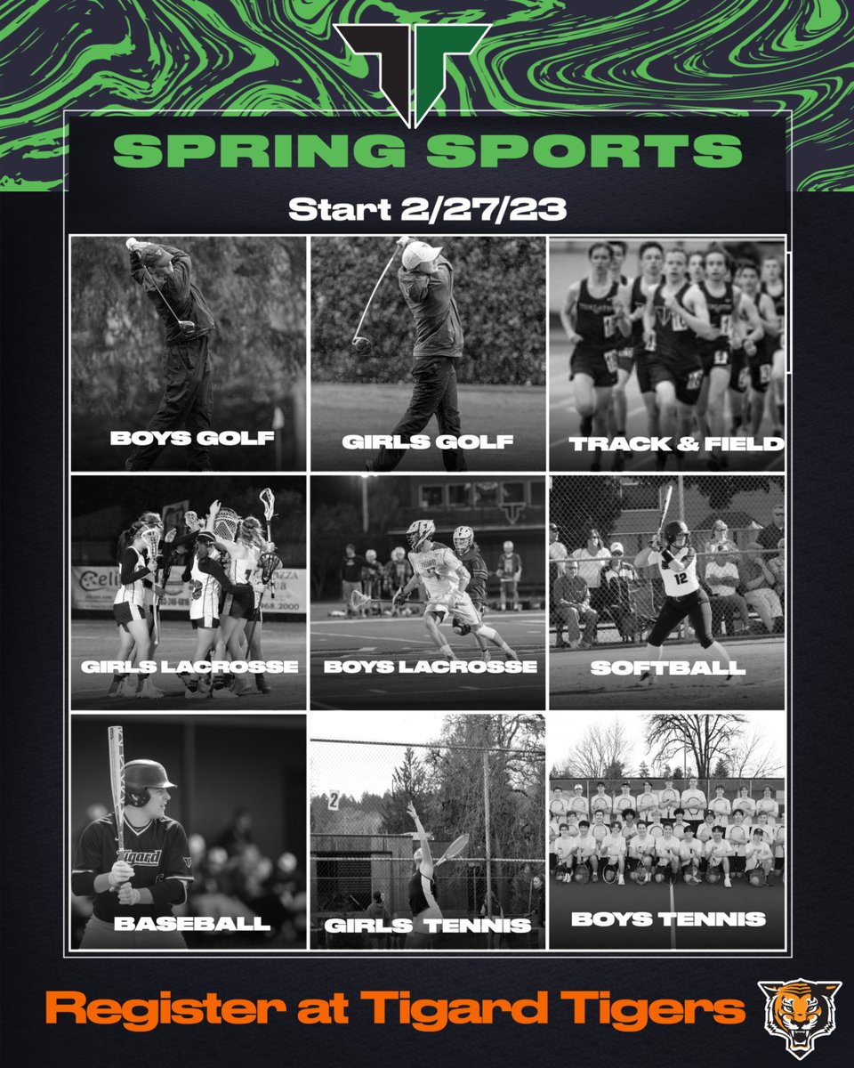 Spring sports start 2/27/23. You must be registered (go to TigardTigers.com) with a valid sports physical on file to try out, suit up or participate. #winningcolors