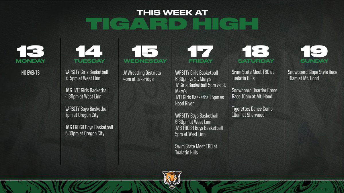 This weeks schedule!! Let’s cheer on our tigers!! Swim times are TBD! Make sure to check our instagram for most recent updates! #tigardtogether #winningcolors #scogers