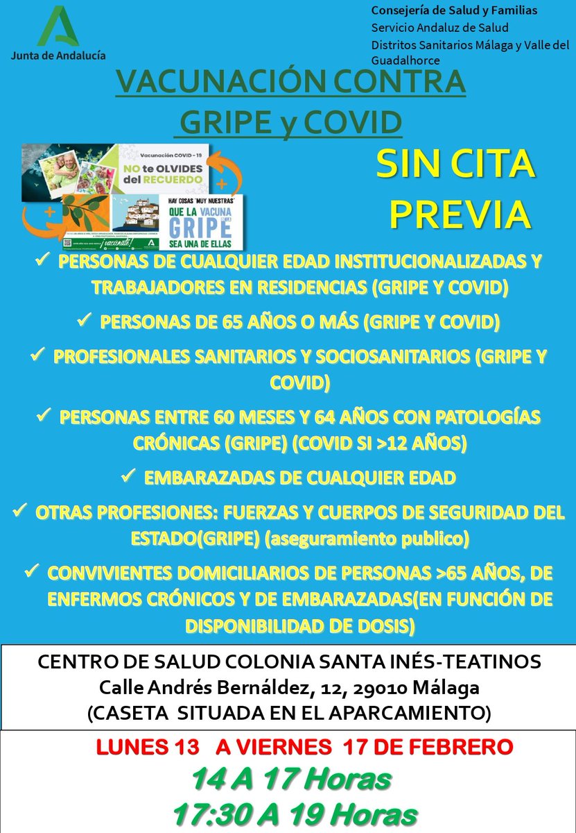 ‼Seguimos #vacunacionanticovid19 y #gripe SIN CITA en horario de TARDE‼️
CON CITA PREVIA tienes disponible citas en tu CENTRO DE SALUD a través de: Clic Salud, Salud Responde y teléfono del Centro de Salud.
<a href="/Andavac_/">Andavac</a> <a href="/saludand/">Consejería de Sanidad, Presidencia y Emergencias</a>