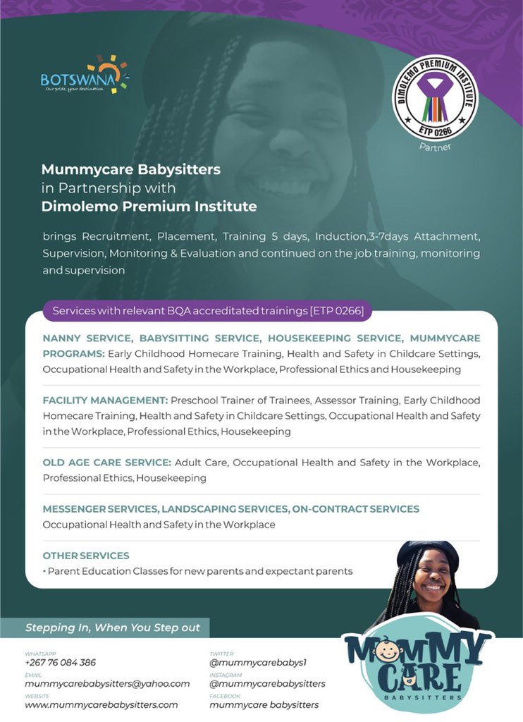 Mummycarebabys1's tweet photo. Mummycare Babysitters and Dimolemo Premium Institute make a conjoined effort to produce a well-grounded nanny, baby sitter,housekeeper, caretakers and domestic supervisors, who are practical, all-round oriented and professionally trained to provide early childhood care https://t.co/XR8wlVSFs6