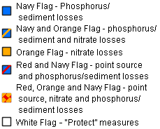 Image and Text explaining what each of the colours on the new map mean:

Navy flag - Phosphorus/Sediment losses 

Navy and Orange Flag: Phosphorus/Sediment and Nitrate losses

Orange Flag: Nitrate losses

Red, Orange and Navy Losses - Point Source and Phosphorus/Sediment losses  

White Flag: Protect measures 