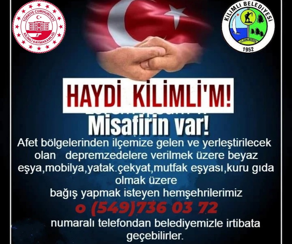 YARALARIMIZI BİRLİKTE SARALIM
Deprem bölgesinden İlçemize gelen vatandaşlarımıza beyaz eşya,mobilya,mutfak eşyaları,uyku seti, yorgan,yastık,temizlik kuru gıda ürünleri vb. bağış yapmak isteyen veya evlerini açmak isteyen hemşehrilerimizin 
☎️05497360372 telefonu arayabilirler.