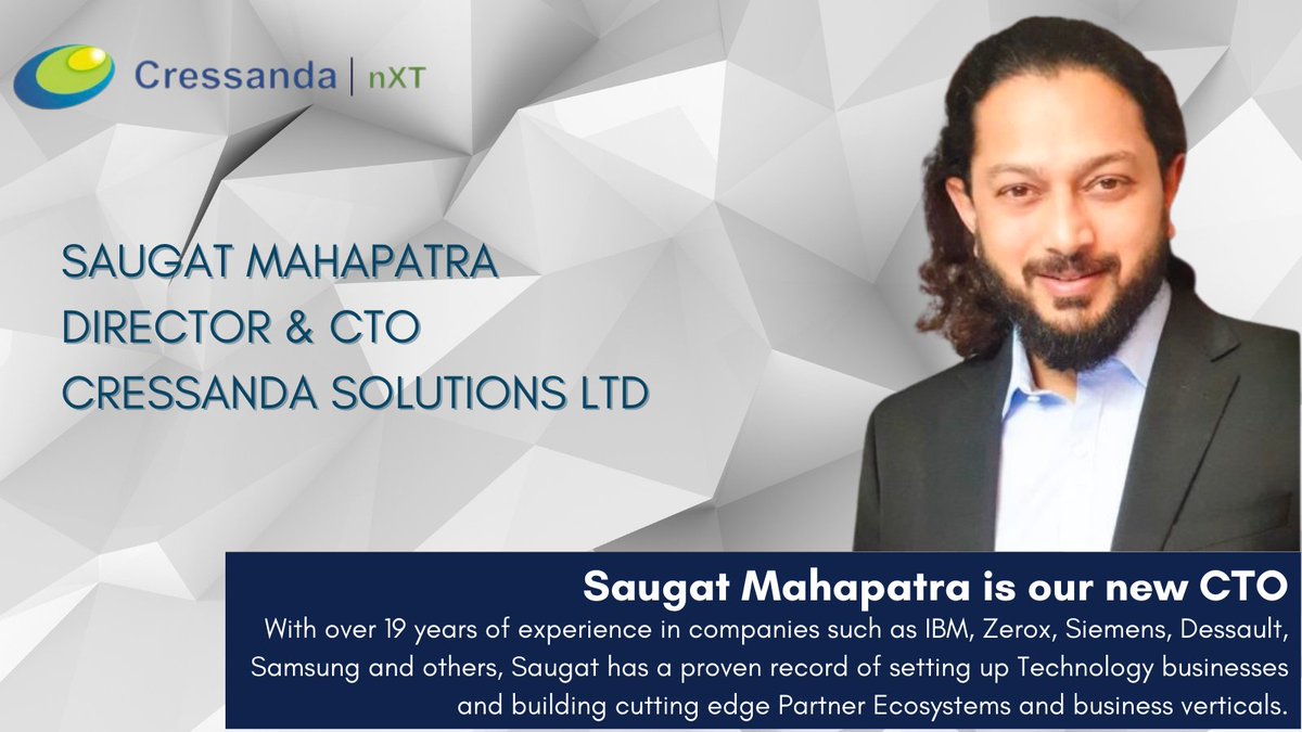 Cressanda_Sol's tweet photo. Excited to welcome Saugat Mahapatra as #Director &amp; #CTO at #Cressanda. With a background in Consumer Electronics, IT &amp; Distribution, he'll drive tech-#innovation &amp; accelerate growth with his expertise in Hi-Tech Projects &amp; Services. https://t.co/luHDdR7W93