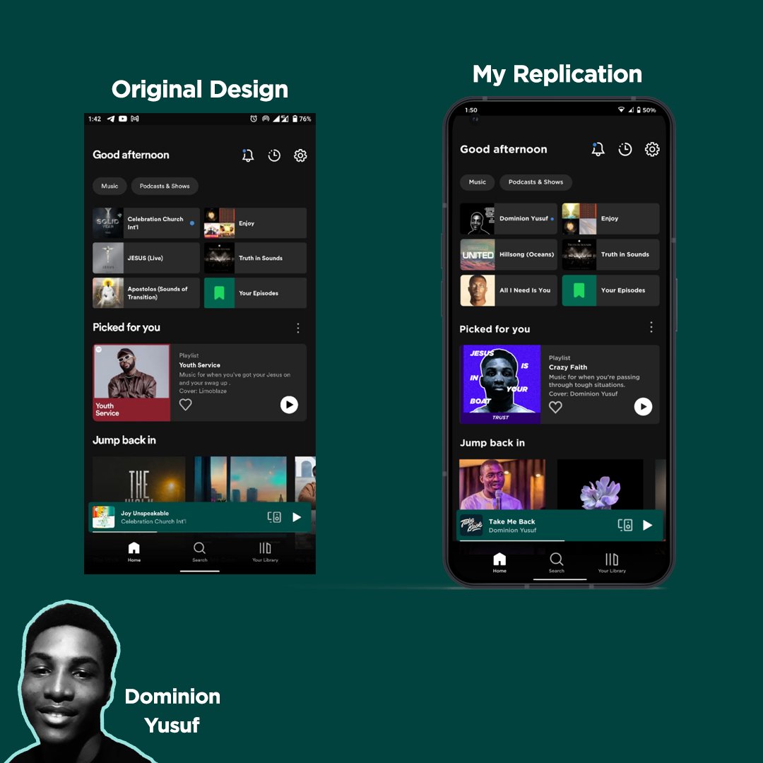 dominion_yusuf's tweet image. Hi, quick question.

Spotify&apos;s or YouTube&apos;s music recommendation algorithm, which is better?

By the way, I replicated my Spotify app landing screen. Check it out👀.

#SpotifyApp #UIdesign #MusicLovers&quot;