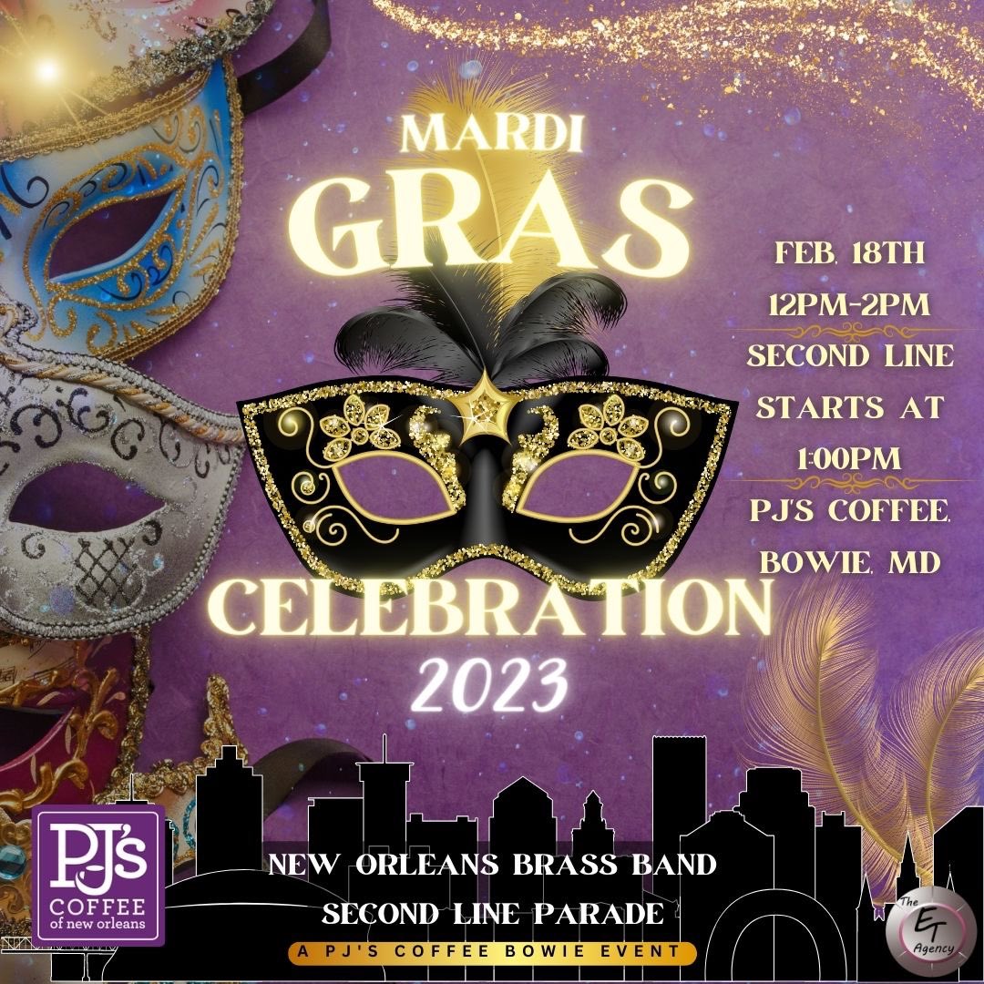 PJsCoffee_Bowie's tweet photo. It’s time for Round TWO! It’s the PJ’s Coffee Mardi Gras Celebration here in Bowie! If you missed out last year, you can NOT miss out this year! Share this post &amp; we will see y’all there! 🎉🎊🥳 #MardiGras #PJsCoffee #BowieMD #NOLA https://t.co/rFEqjDZj1I
