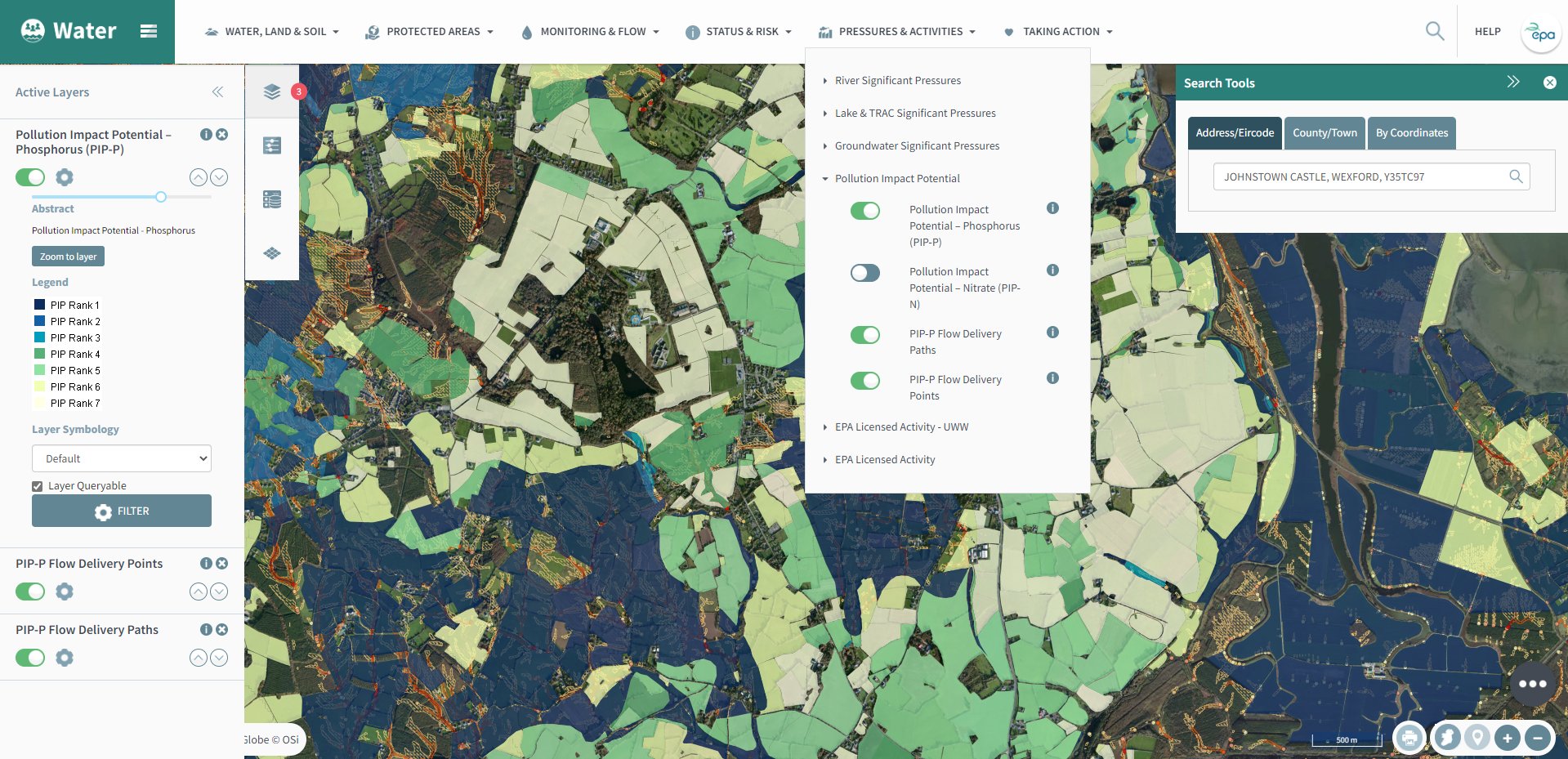 Map showing PIP-P, overland flow pathways and interception points around EPA HQ in Wexford.