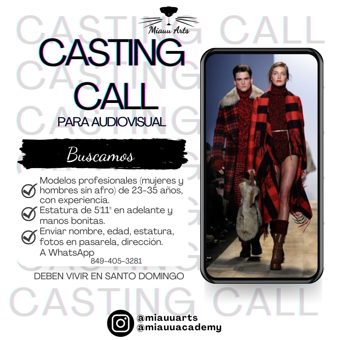 miauuarts's tweet photo. ¿Eres modelo profesional?
Te estamos buscando.

¿Eres míster, miss, top?
Te estamos esperando.

Especificamos que las mujeres pueden tener afro, pero los hombres no.

Pago RD$7,500 por día de rodaje.

Envíar datos al 849-405-3281

#miauuarts #castingcall #modelos #pasarela #manos https://t.co/1DfjZ1s9S8