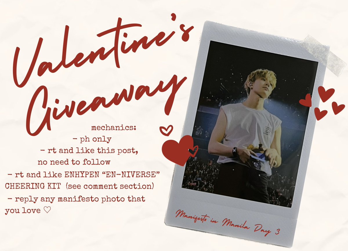 VALENTINE’S GIVEAWAY 

1 winner of HEESEUNG POLAROID w/ #MANIFESTO_IN_MANILA confetti 

- see photo for mechanics
- i will shoulder sf
- ends feb 14, 11:59pm

photo was taken by me last #MANIFESTO_IN_MANILA_DAY3 
tags: #ENHYPEN #엔하이픈