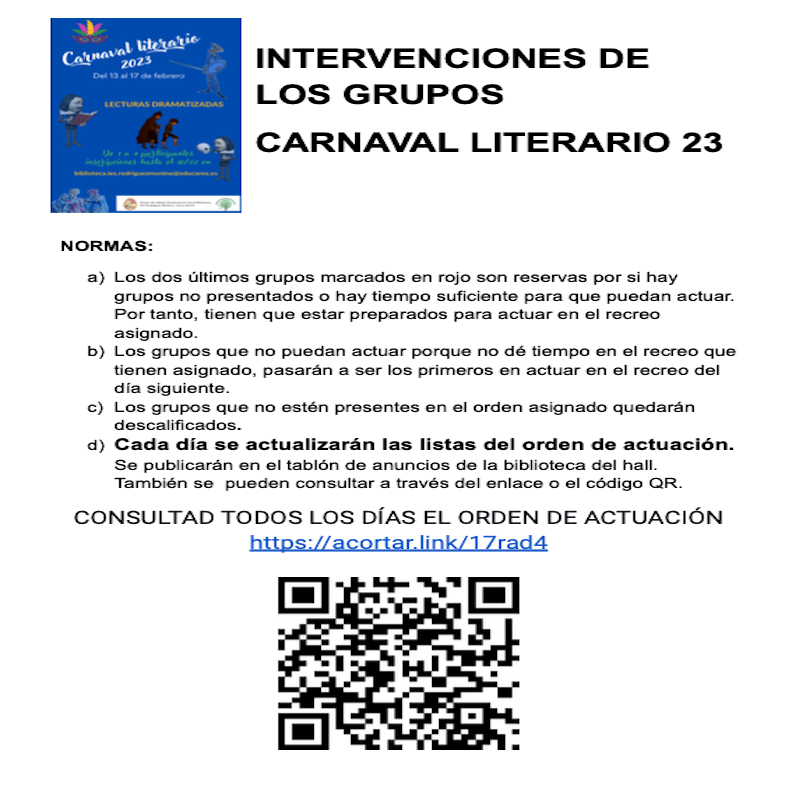 RodriguezMonino's tweet photo. Aquí os dejamos el orden de intervenciónCARNAVAL LITERARIO:
Continuación os dejamos el orden del intervención de los grupos participantes en nuestro Carnaval Literario que se va a desarrollar del 14 al 17 de febrero en nuestro centro: https://t.co/e3NwBVevdr