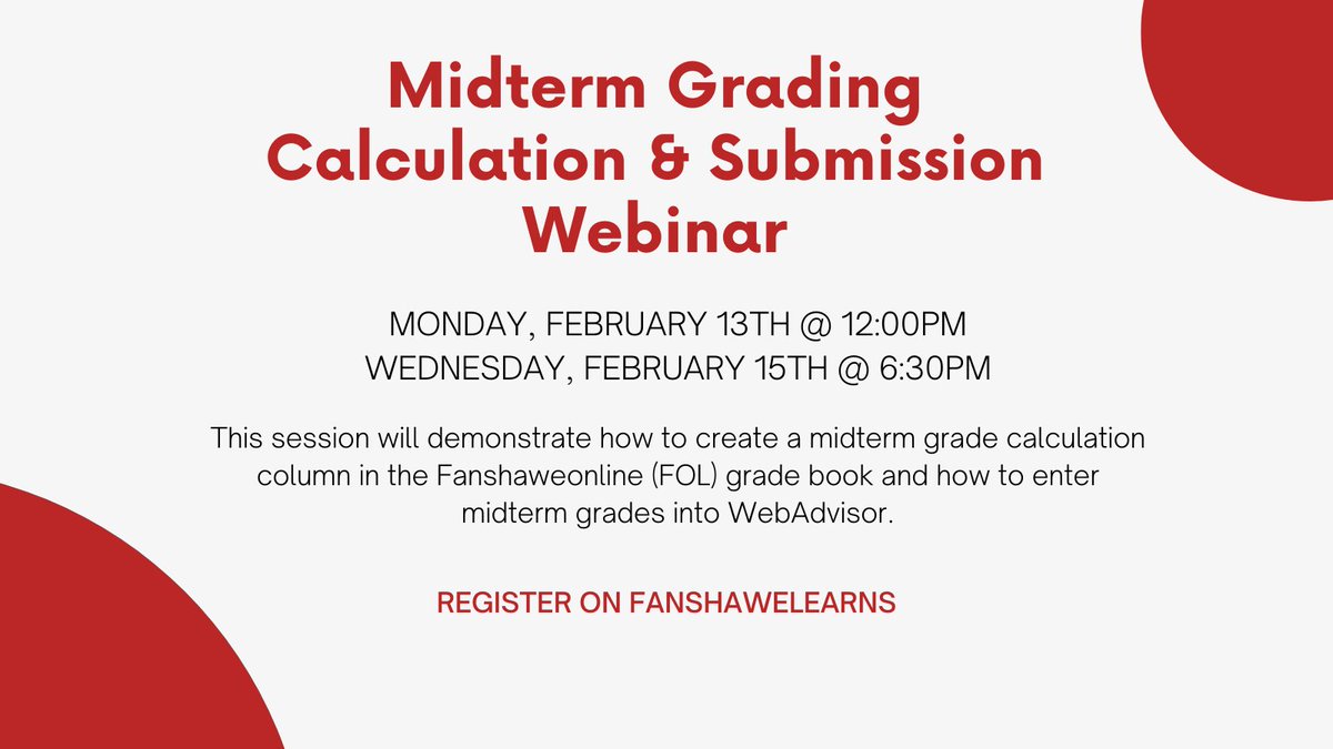 Are you a new faculty member looking for an overview on midterm grades? Need a refresher on how to calculate these grades? Join us this week for our Midterm Grade Calculation and Submission webinar. Register on Fanshawelearns: fanshawec.csod.com/samldefault.as…