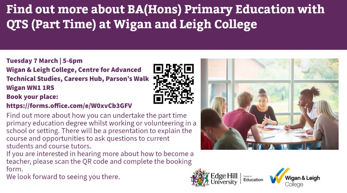 EHU_FOE's tweet image. We&apos;ll be at @wiganleighcol on Tuesday 7 March 5-6pm with some of our current students to discuss our part time degree that you can study at @wiganleighcol 🌟 Come along and have a chat to our course tutors to find out more!
Book here: forms.office.com/e/W0xvCb3GFV