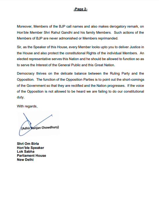 Leader of Congress Party in Lok Sabha Adhir Ranjan Chowdhury writes a letter to …