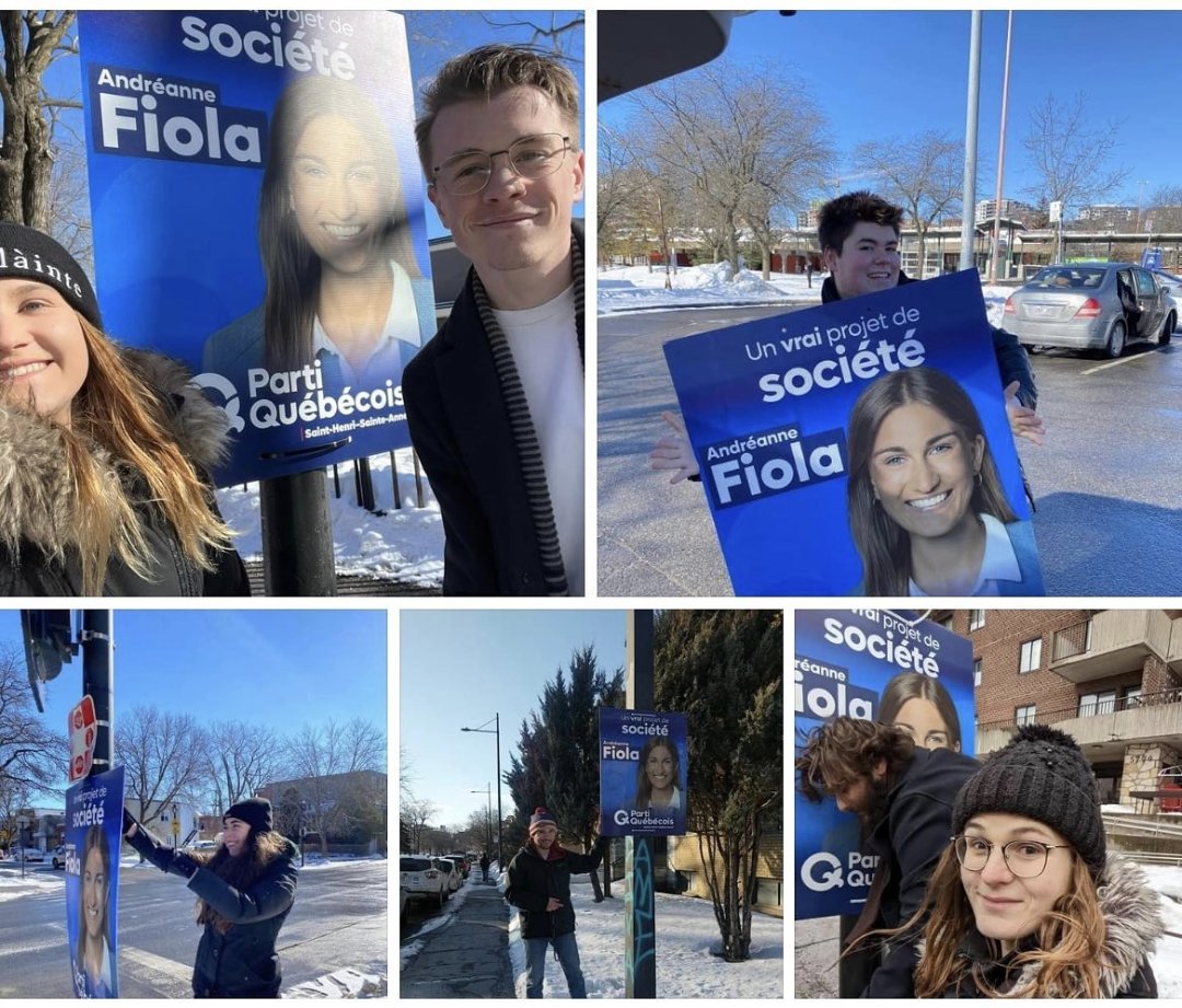 1837patriotes's tweet photo. RT @JeunesBQ: Les membres du Forum jeunesse du Bloc Québécois et du Comité national des jeunes du Parti Québécois prêtent main forte à la partielle dans Saint-Henri-Sainte-Anne pour poser les pancartes à Andréanne Fiola ! 💙⚜️

#polqc #QC #fjbq #Pq https://t.co/BqEhux0mT1