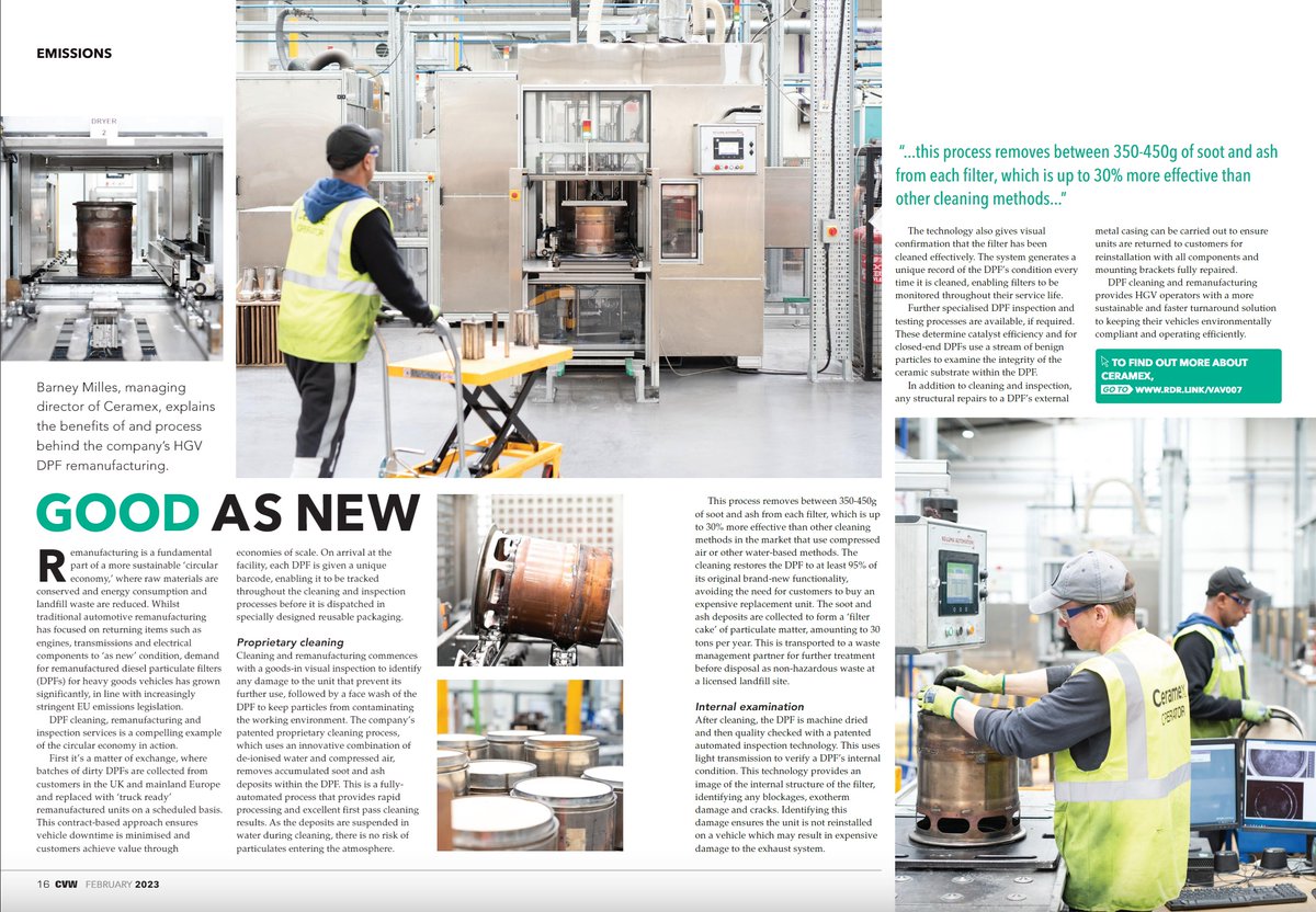 Ceramex features in the latest issue of <a href="/cvwmagazine/">CVW Magazine</a> on the benefits of DPF cleaning and remanufacturing to keep HGV fleets compliant and fuel-efficient.