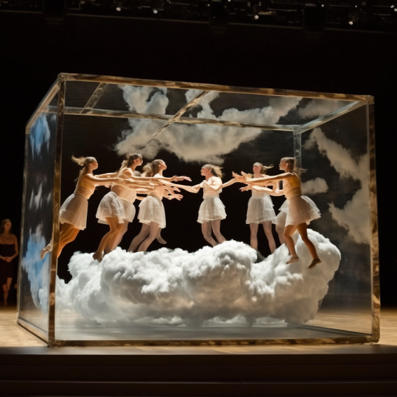 Generative Art Day 36:
Inspired by 3 artists series by <a href="/GanWeaving/">Xeronimo</a> :

Bruce Conner's Box overflowing with lithe ballet dancers ala Matisse/Degas floating on John Constable Clouds 
#generativeart #AIArtwork #midjourneyAi #midjourneyart #midjourneyV4 #AIArtCommuity #OpenAI