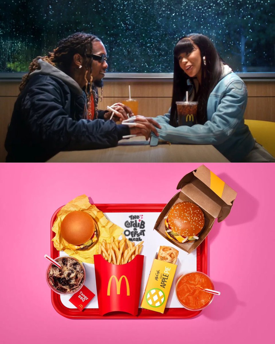 PopCrave's tweet photo. McDonald's will begin offering the Cardi B and Offset Meal for a limited time starting on Valentine's Day. 🍔

It includes a cheeseburger with BBQ sauce and large Coke (Cardi B's preferences) and a Quarter Pounder with Cheese with a large Hi-C Orange Lavaburst (Offset's choice), plus a large order of fries and an apple pie.