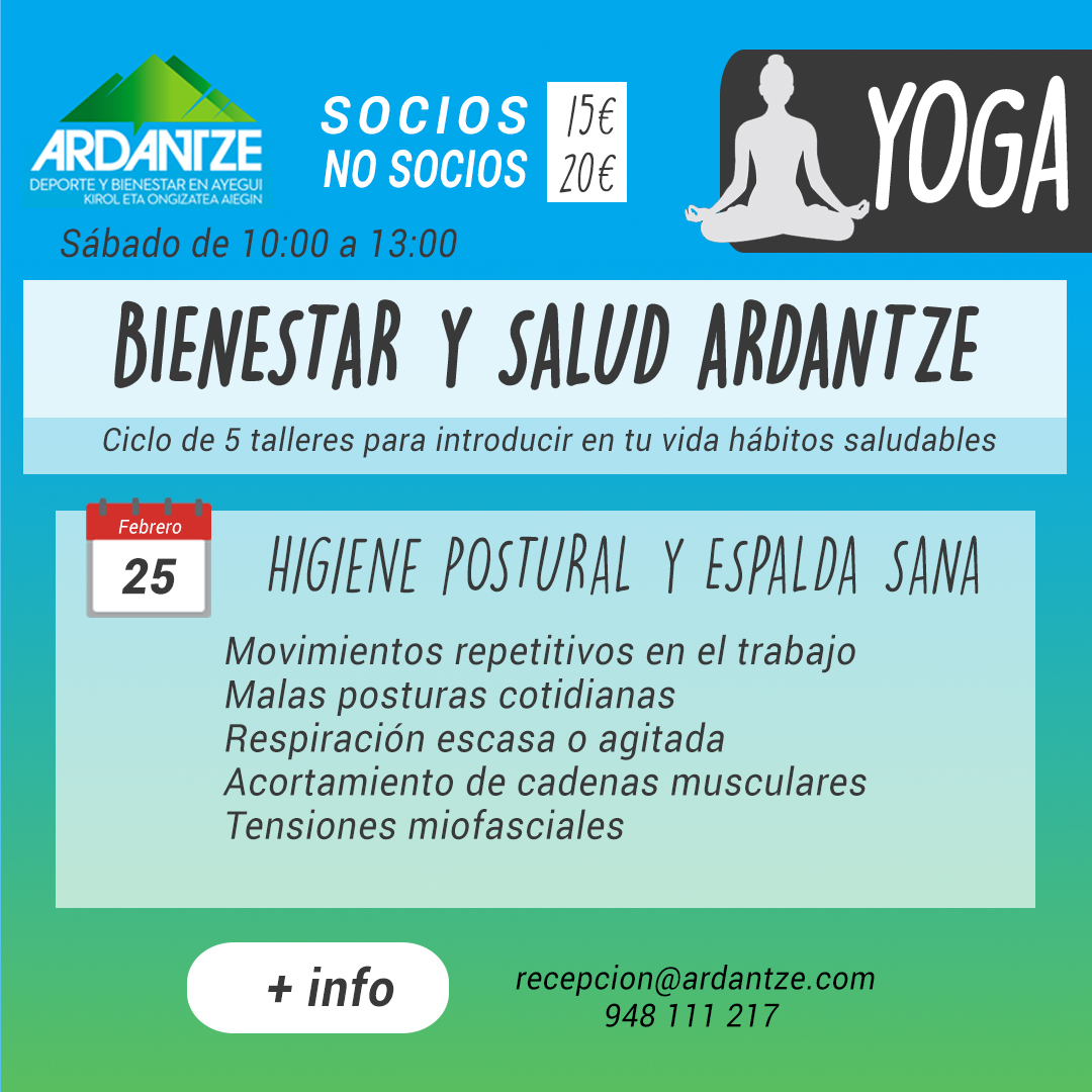 En Ardantze a partir del 25 de febrero vamos a realizar una vez al mes unos talleres enfocados a la mejora del bienestar y la salud.
El primer taller ya está en marcha y se celebrará el 25 de Febrero
Ya puedes apuntarte en nuestra App de Resasport o llamándonos al 948 11 12 17