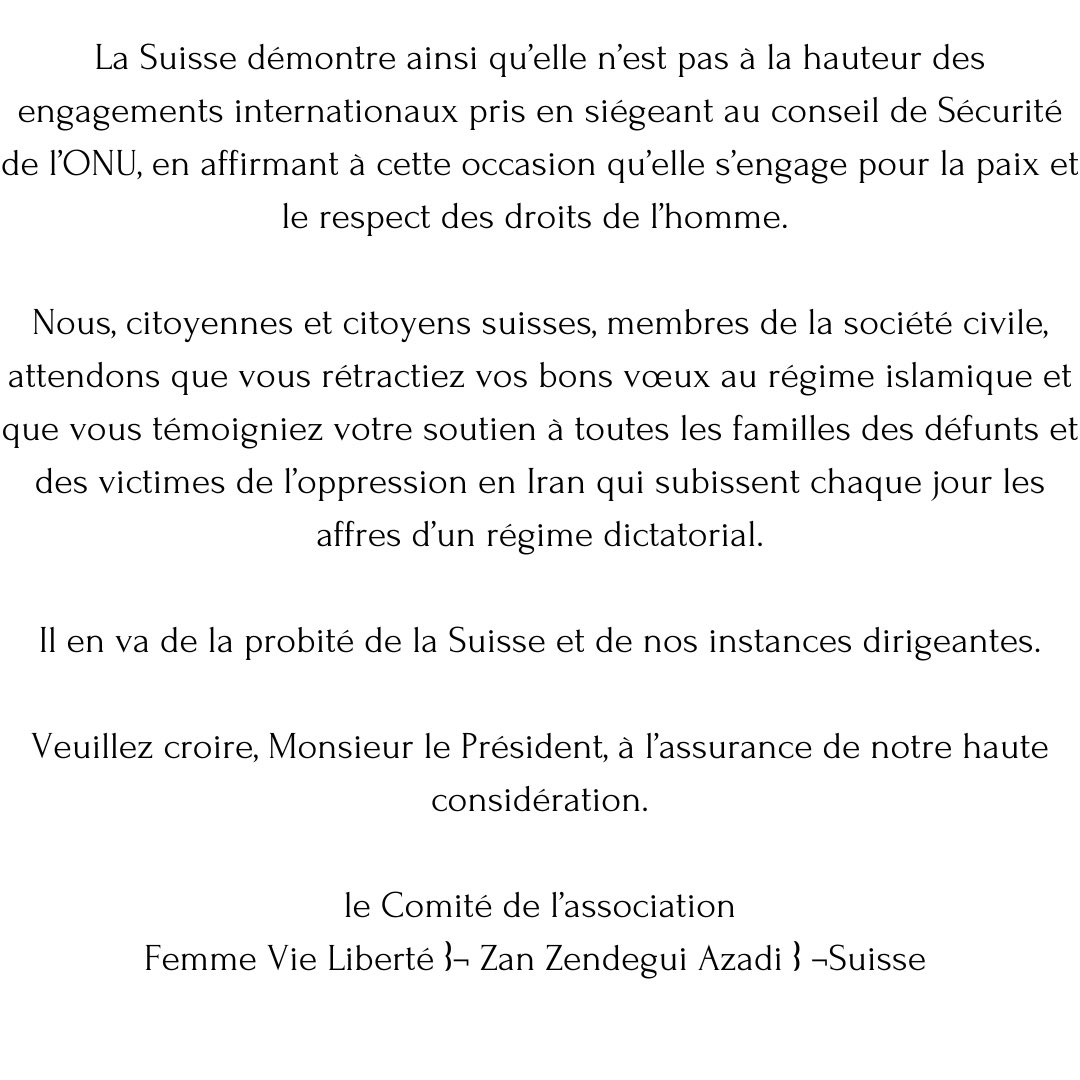 DelariveLeila's tweet photo. Quel faux-pas politique de la part de @alain_berset !

Quel manque de considération pour les morts et les victimes du régime islamique depuis 44 ans !

Partagez svp 🙏🏻 https://t.co/U63pUTjoUd