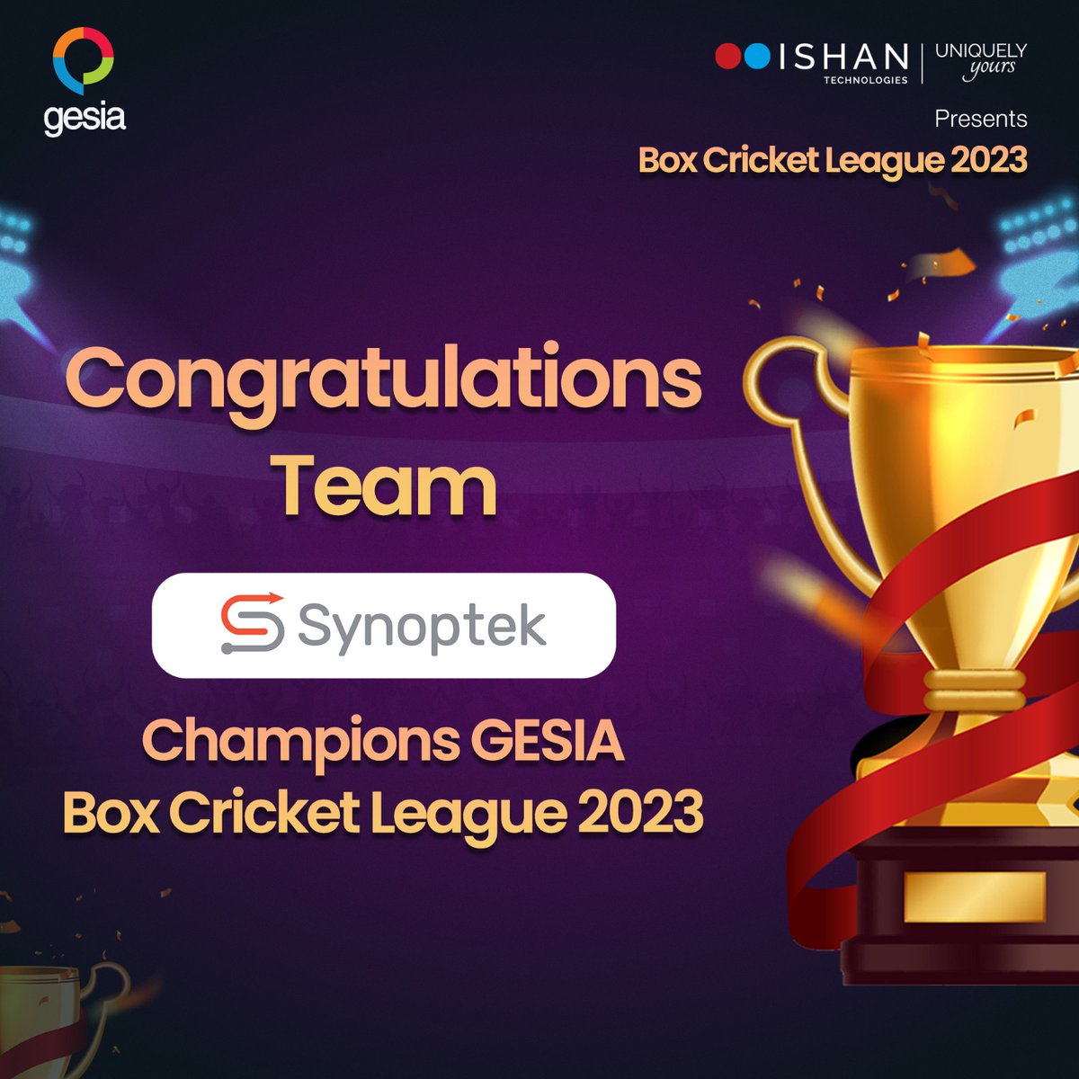 GESIAORG's tweet image. Unstoppable Force, Unforgettable Victory! 
@Synoptek  rises to the challenge and triumphs as champions in the GESIA 2023 Box Cricket League. A victory for hard work, talent, and true sportsmanship.

#champions #synoptek #CricHeroes #boxcricketleague2023 #sttglobaldatacenterindia