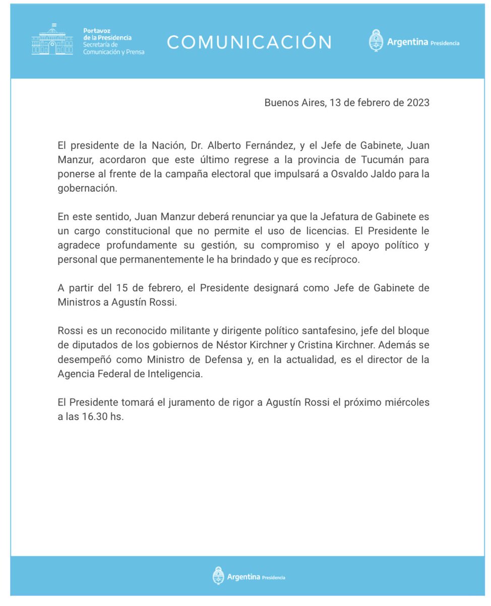 CasaRosada's tweet photo. COMUNICADO ⬇️

El presidente Alberto Fernández (@alferdez) designará como Jefe de Gabinete de Ministros a Agustín Rossi.

https://t.co/HJOLl9vaAO https://t.co/TaCfe5D7hR