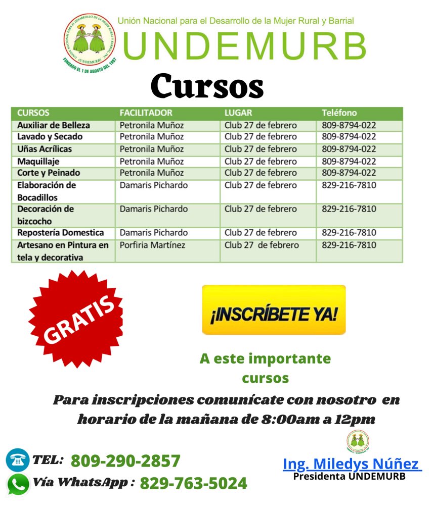 #UNDEMURB junto a su presidenta la Ing. <a href="/MiledysNunez/">Miledys Nuñez Pantaleon</a> te invita a participar de estos importantes curso totalmente gratis.  Ven e inscríbete.