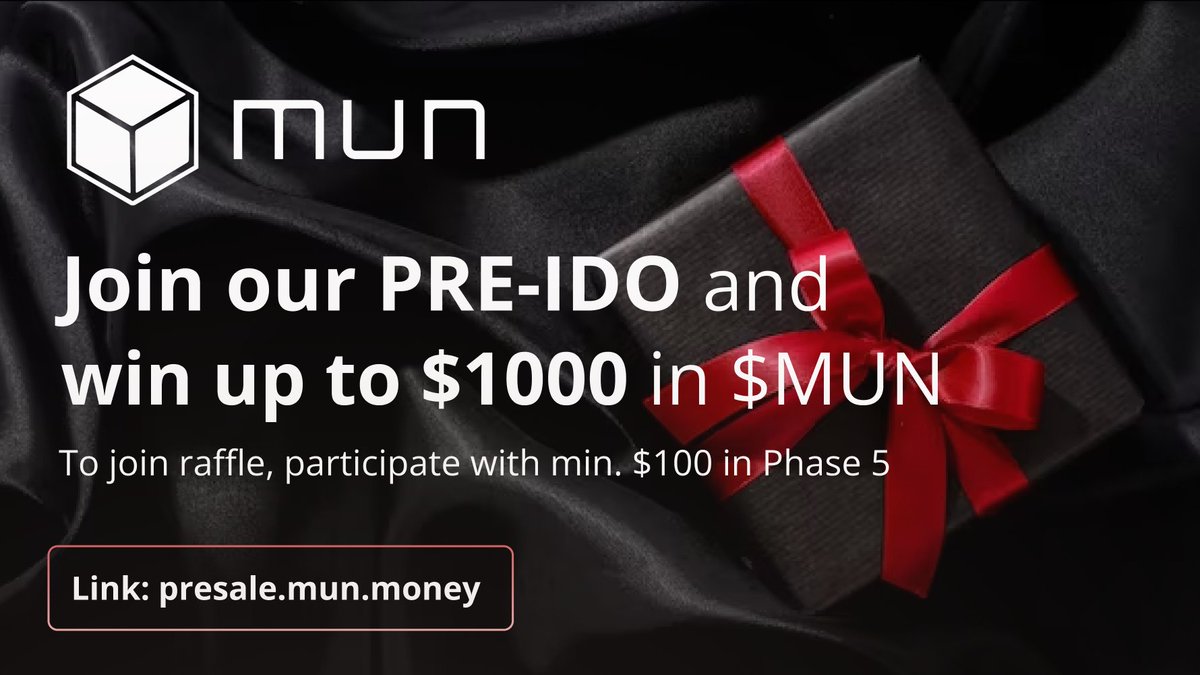 We are announcing a raffle of a total $1000 in #MUN for our PRE-IDO Phase 5 participants, 10 winners, min. contribution of $100. 💥 Link: presale.mun.money

🏆 1. prize $400 in $MUN
🏆 2. prize $250 in $MUN
🏆 3-10. prize each $50 in $MUN

High chances! 🥳 #IDO #Cosmos ⚛️