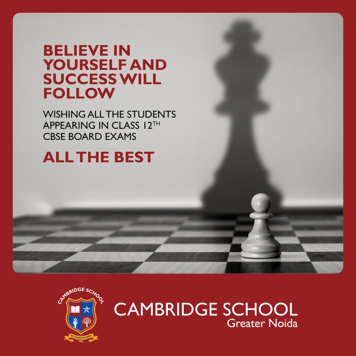 CambridgeGNoida's tweet image. You have prepared for it, and you will achieve your goals. We wish all the students of Cambridge School Greater Noida appearing for the upcoming Board examinations, All The Best.
.
.
.
#CambridgeSchoolGreaterNoida #CSGN #LearnToServe #CBSESchool #Education  #CBSE12thExams