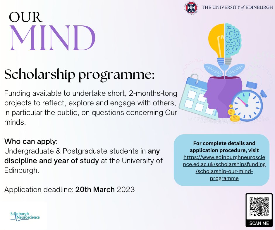 EdinUniNeuro's tweet image. Opportunity for @EdinburghUni UG &amp;amp; PG students👉
#OurMind programme launched: Funding available for short creative projects to explore questions of our mind🧠
Help spread the word among interested people!
Application deadline - 20th March
edinburghneuroscience.ed.ac.uk/scholarshipsfu…
#Funding