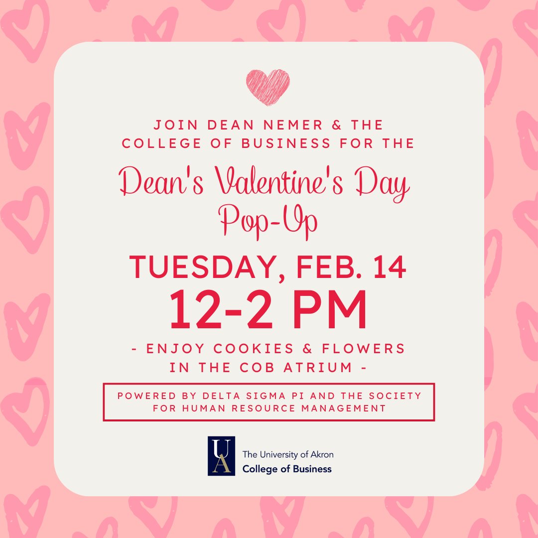 uakronbusiness's tweet photo. Join College of Business students, staff and faculty for the Dean's Valentine's Day Pop-Up tomorrow 💙🦘

📅 Tuesday, Feb. 14 from 12-2 p.m. in the CoB Atrium. https://t.co/4Y1DLj2icY