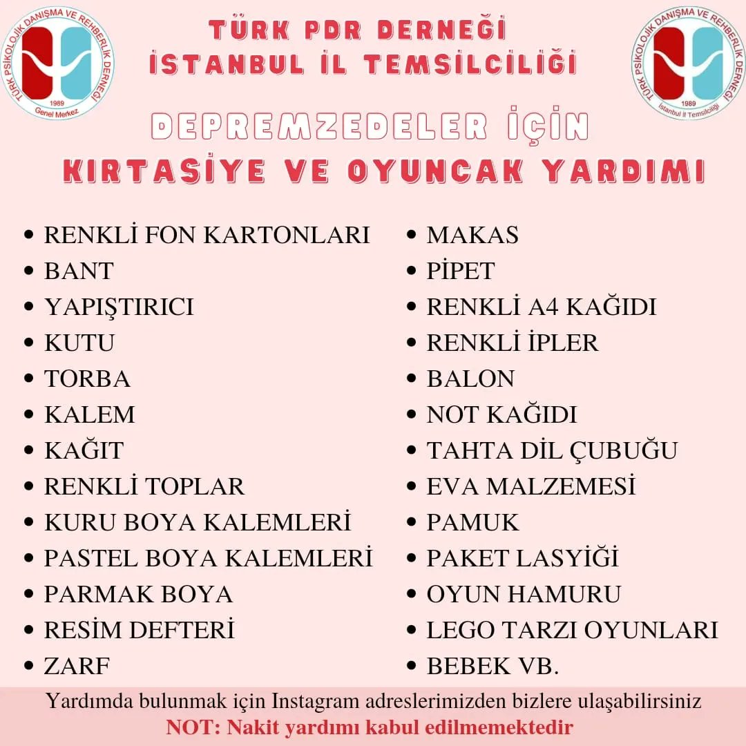Türk PDR Derneği İstanbul İl Temsilciliği olarak aktif bir şekilde sahada çalışan veya çalışacak olan meslektaşlarımızın çocuklarla ile iletişimini kolaylaştırmak, onların psiko-sosyal gelişimine katkıda bulunmak ve psikolojik iyi oluşlarını arttırabilmek adına Kırtasiye ve +