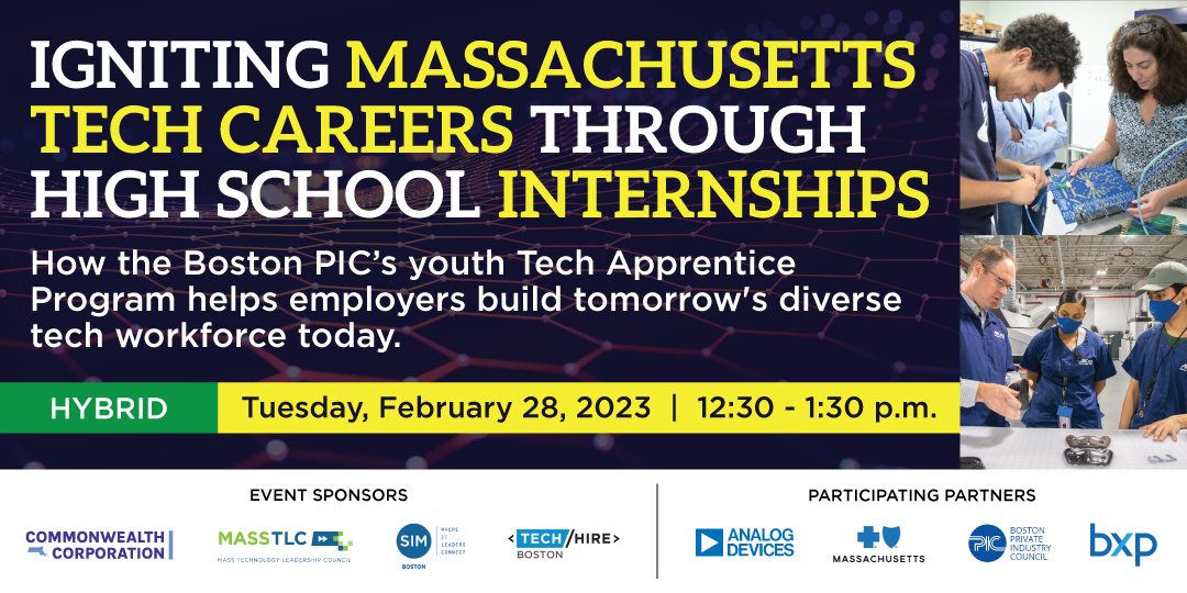 #Boston area #employers help launch #BostonYouth into #TechCareers via the Boston PIC's #Tech Apprentice program. Learn from program employers and alums on Tues., Feb. 28, 12:30 - 1:30 p.m. 
In-person reg: tinyurl.com/InpersonTechMA.  
Remote reg: tinyurl.com/VirtualTechMA