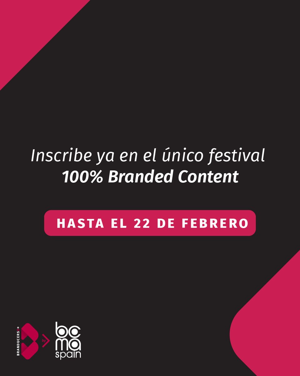 ÚLTIMA FECHA: Ampliamos el plazo de inscripción a los Premios al Mejor Branded Content del Año BCMA 2022 al 22 de febrero. ¡Inscribe ya tus casos en el único festival 100% Branded Content!

No es publi. Es content.

bcma.es/eventos-2021/p…