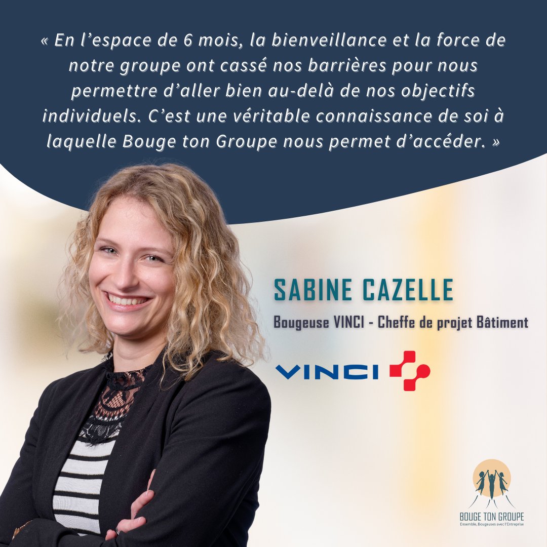 💬Selon Sabine Cazelles, cheffe de projet Bâtiment au sein de @vinciconstruction, la formation Bouge ton Groupe permet d’aller au-delà des objectifs individuels ! Nous sommes fières d’accompagner @vinciconstruction et ses collaboratrices dans le développement de leurs carrières