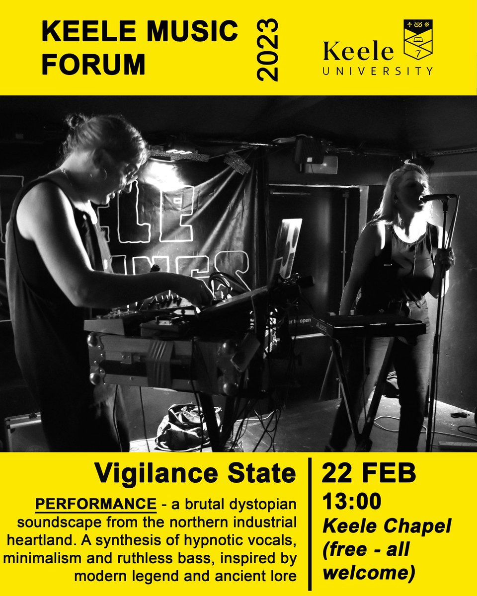 KeeleMusic's tweet photo. The next Keele Music Forum event is @StateVigilance live in the @Keelechapel on 22nd Feb at 13:00  – FREE ENTRY, all welcome. @StateVigilance create brutal dystopian soundscapes straight from the northern industrial heartland. Music links in comments. See you there! https://t.co/fvZn5UCcJv