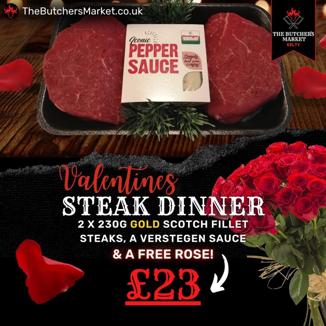 Get 2 of our 230g Gold Scotch Fillet Steaks 🥩with a Verstegen Spices and Sauces UK micro sauce of your choice + a FREE rose for just £23! 😍

View our full range of sauces in our shop or online at:
thebutchersmarket.co.uk/sundries/sauce…

#valentinesday2023 #valentinesdinner #keepingitkelty