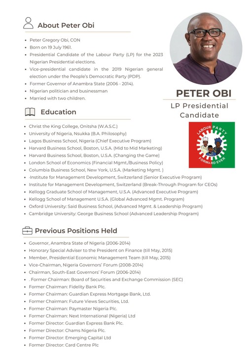 It is less than 12 days to the presidential election, please permit me to share with you the CV of the man, Peter Gregory Obi, I will be voting for at my PU in Lagos.

INEC Femi Fani-Kayode Gmail #PeterObiInLagos Dele MomoduChrisland School Asari Dokubo Gombe Wike Kabaka Sharia